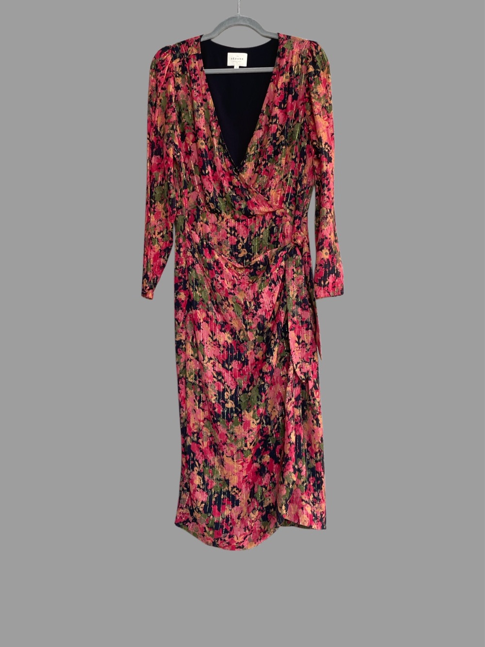 SEZANE Metallic Pink Floral Printed Long Sleeve V Neck Armonie Silk Wrap Dress - Picture 8 of 14